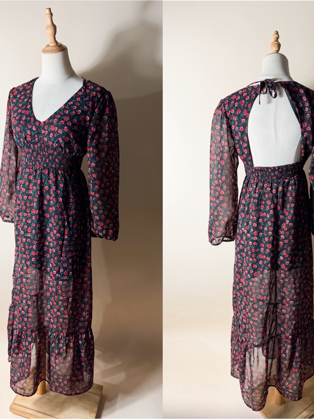 INDULGE Black Red Floral Long Sleeve Open Back Maxi Dress Small
